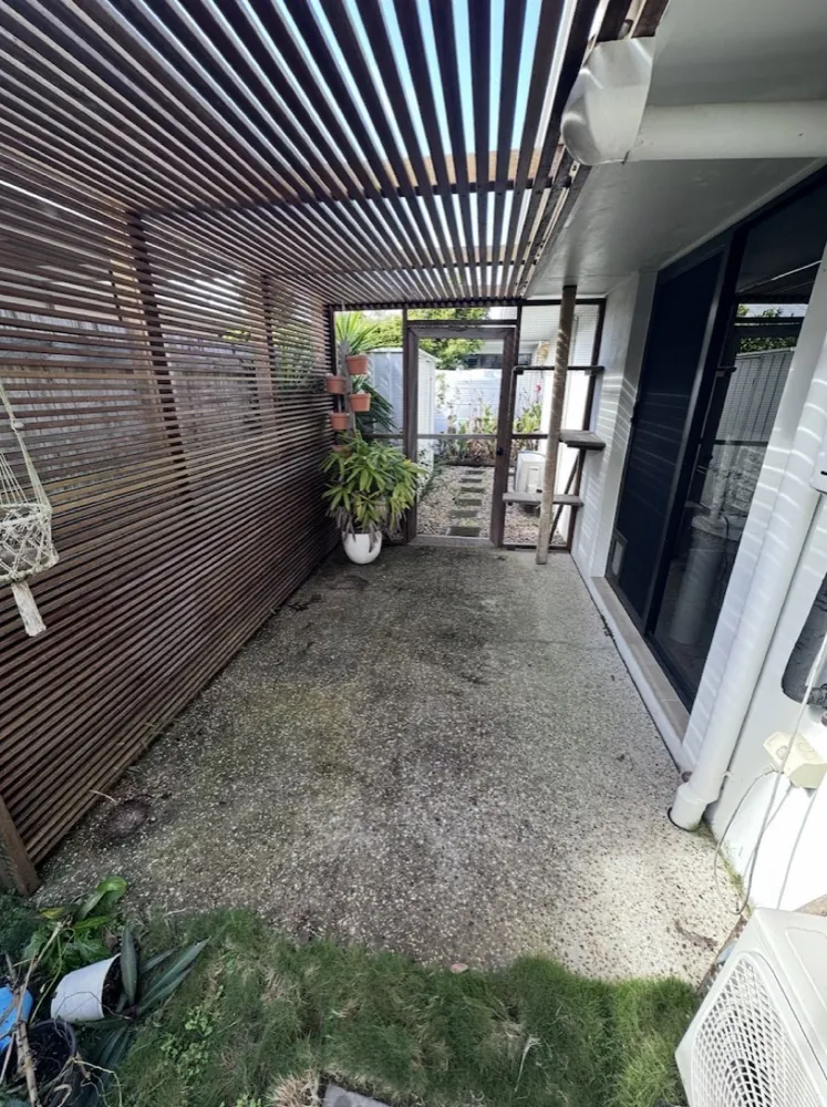 A pergola patio floor stained and mossy before pressure washing